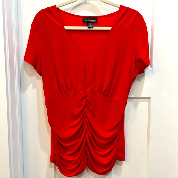 Frank Lyman Designs Women’s Short Sleeve Red Blouse Rouched Draped Front Size 14 - Picture 1 of 7